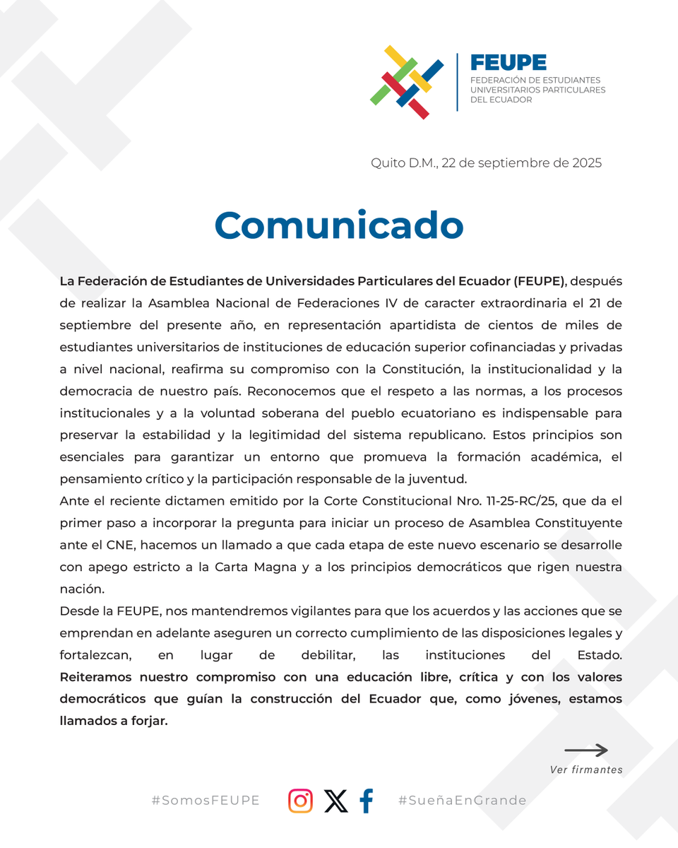 feupeecuador's tweet photo. FEUPE reafirma su compromiso con la Constitución, la democracia y una educación libre y crítica donde la juventud es protagonista. Felicitamos a las autoridades que, en medio de la coyuntura, buscan consenso por un mejor Ecuador. #Feupe #AsambleaNacional #CorteConstitucional #CNE https://t.co/KjFUP3Mm4Y