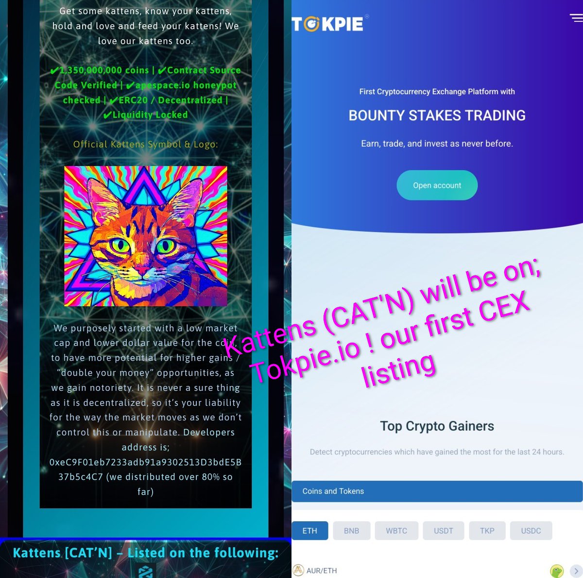 Kattens_Coin's tweet image. Kattens (CAT'N) will be listed on Tokpie.io exchange/trading platform! It should be live within a few days...more to come in the future.

#CryptoTrading #tokpie #kattens #CryptoNews #TokenLaunch #cryptocurrency #meme #CryptoCulture #CryptoMarket