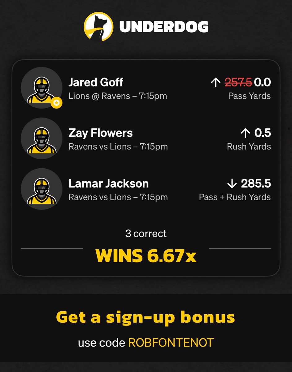 RobFontenot's tweet image. play.underdogfantasy.com/es-eUYLrrZnvM  @lions ⁦@Ravens⁩