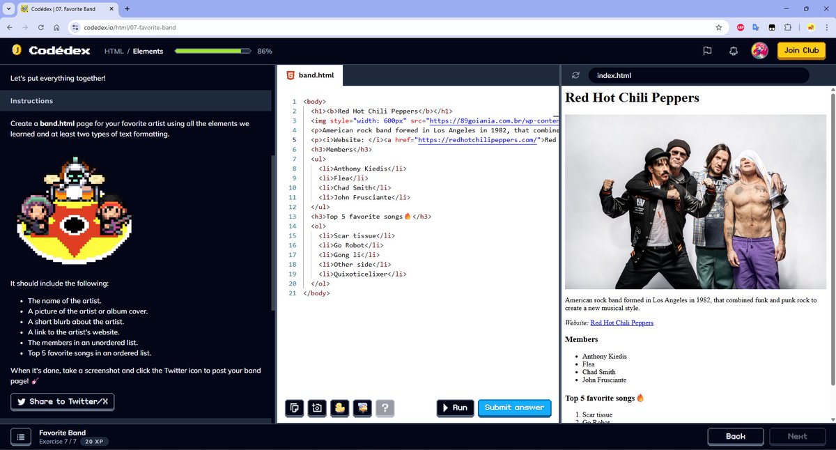 illanabeatriz's tweet image. 🌱 Dia 2/30

Concluí o capítulo 1 (Elements) e revisei alguns fundamentos de HTML, como: tags, indentação, parágrafo, quebras de linha e listas (ordenadas e desordenadas).

E consegui meu primeiro badge. 🎉

#30nitesofcode #codedexfavoriteband