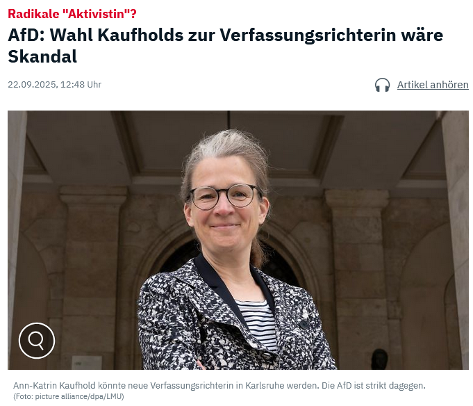 Tatsächlich ist die Verfassungsgericht-Kandidatin Ann-Katrin Kaufhold in der ganzen Debatte um Frauke Brosius-Gersdorf zu sehr unter dem Radar geflogen. Zu Recht weist die AfD jetzt darauf hin, dass auch diese SPD-Kandidatin denkbar ungeeignet für das Amt ist. Kaufhold ist mit