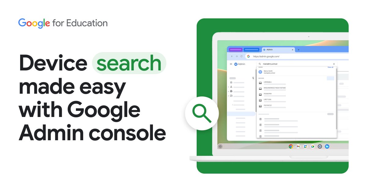GoogleForEdu's tweet image. Your express route to faster device search is here—no detours needed 🚥 IT admins can now search for #ChromeOS devices from anywhere in Google Admin console. Spend less time navigating, and more time resolving 🏎️💨 goo.gle/4pCmU0s