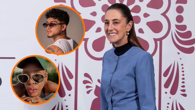 Marcela Reyes stands in a blue outfit with a high neckline and ponytail, smiling against a floral-patterned background. Two circular insets show B-King wearing sunglasses and a sleeveless shirt, and DJ Regio Clown wearing sunglasses and a cap.