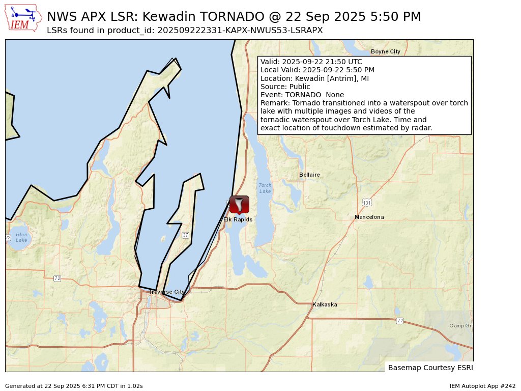 SkyTrevorBWX's tweet image. At 5:50 PM EDT, Kewadin [Antrim Co, MI] Public reports Tornado. Tornado transitioned into a waterspout over torch lake with multiple images and videos of the tornadic waterspout over Torch Lake. Time and exact location of touchdown estimated by... #miwx mesonet.agron.iastate.edu/lsr/?by=wfo&amp;amp;wf…