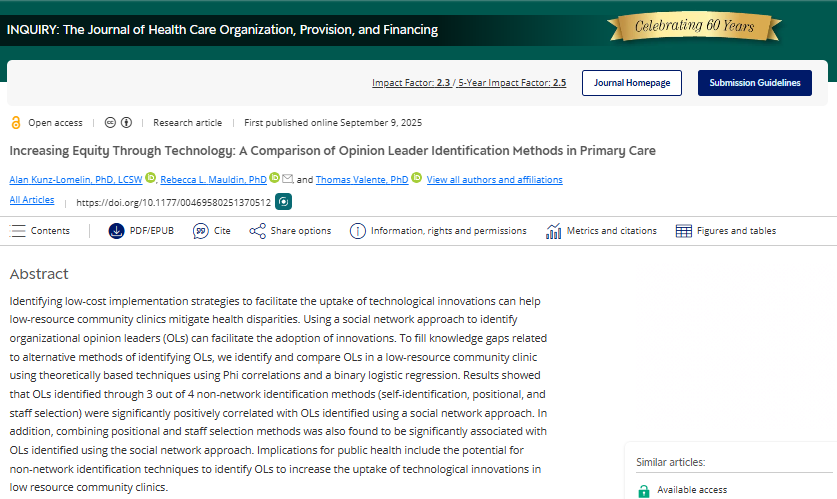 drjkyl's tweet image. Increasing Equity Through Technology: A Comparison of Opinion Leader Identification Methods in Primary Care
INQUIRY: The Journal of Health Care Organization, Provision, and Financing
@SageJournals
journals.sagepub.com/doi/10.1177/00…
#implementationscience #healthcare #healthdisparities…