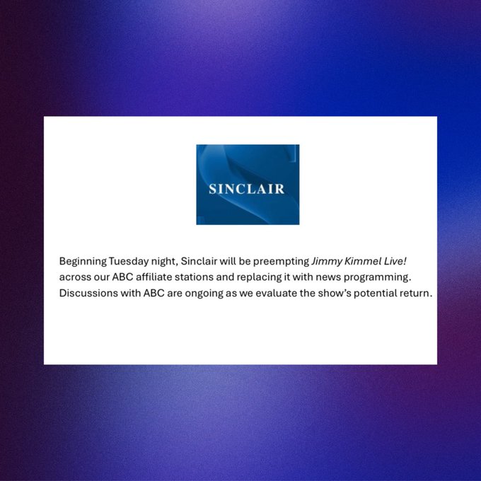 Jimmy Kimmel sitting at a desk with a microphone and papers. He wears a dark suit, white shirt, and striped tie. A city skyline with a moon is visible in the background. A nameplate reading "Jimmy Kimmel" is on the desk. A second image shows the Sinclair logo, a stylized blue design, above text stating "Sinclair" and additional text about preempting Jimmy Kimmel Live and replacing it with news programming.