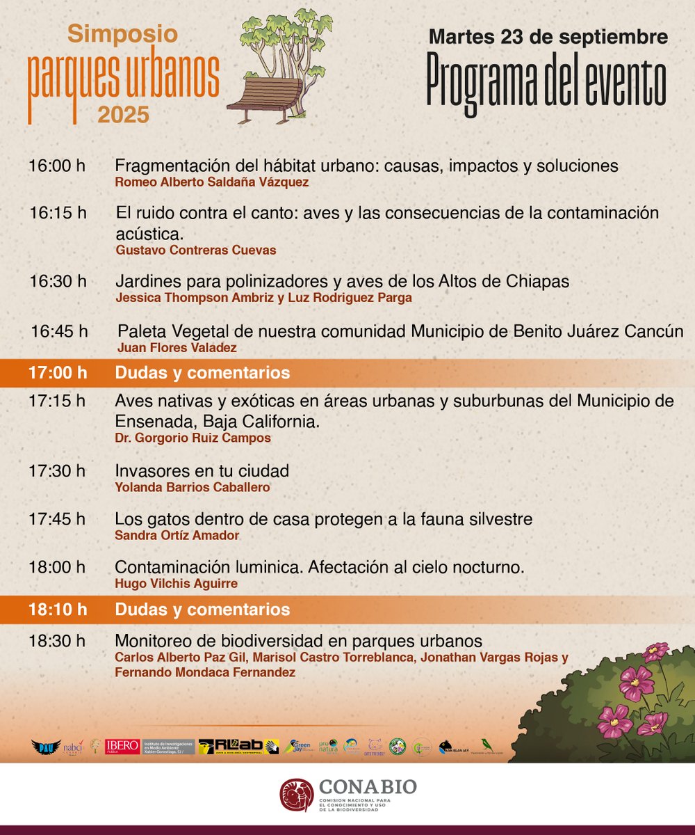 👀 Mañana es nuestro Simposio de Parques Urbanos de septiembre y no te lo puedes perder.
Prepara tu agenda para una tarde llena de conocimiento y charlas con especialistas.
🗓️ Martes, 23 de septiembre ⏰ 16:00h

¡Te esperamos!

#conabioeventos #simposio #TransmisiónVirtual