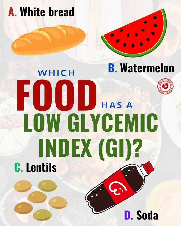 AllScientifical's tweet image. Which food has a low glycemic index (GI)?
A. White bread
B. Watermelon
C. Lentils
D. Soda
#foods #glycemicindex #lowglycemicindex #nutrition ... Continue to: facebook.com/11300924092216…