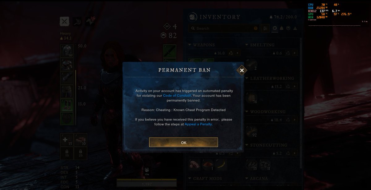 Well, first time in my life I've been banned from a game... GG I guess.  I REALLY couldn't get to level 4 without those hacks.. <a href="/amazongames/">Amazon Game Studios</a> could somebody please look into this?  I'm pretty sure it's probably something to do with Discord's shi**y new overlay.