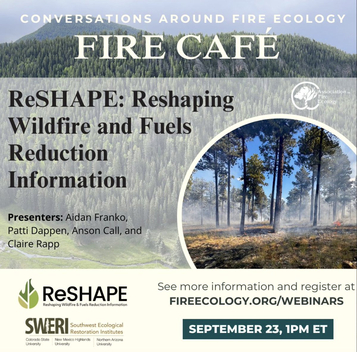 Fire Cafe happening tomorrow! A free webinar to discuss the ReSHAPE TWIG wildfire and fuels reduction geodatabase and how it can help fire and land managers.