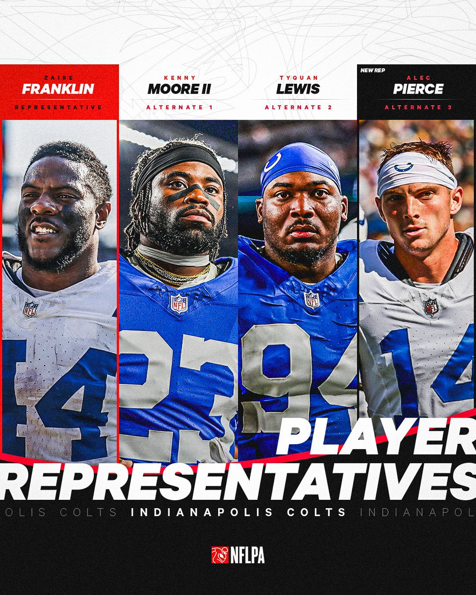 NFLPA's tweet image. Meet the newly-elected 2025-2026 NFLPA Player Reps for the Colts, Browns, Patriots and Jaguars.👏 

Serving as locker room liaisons, these players will play a key role this 2025-2026 season in continuing the union’s mission to improve the game for all player members.