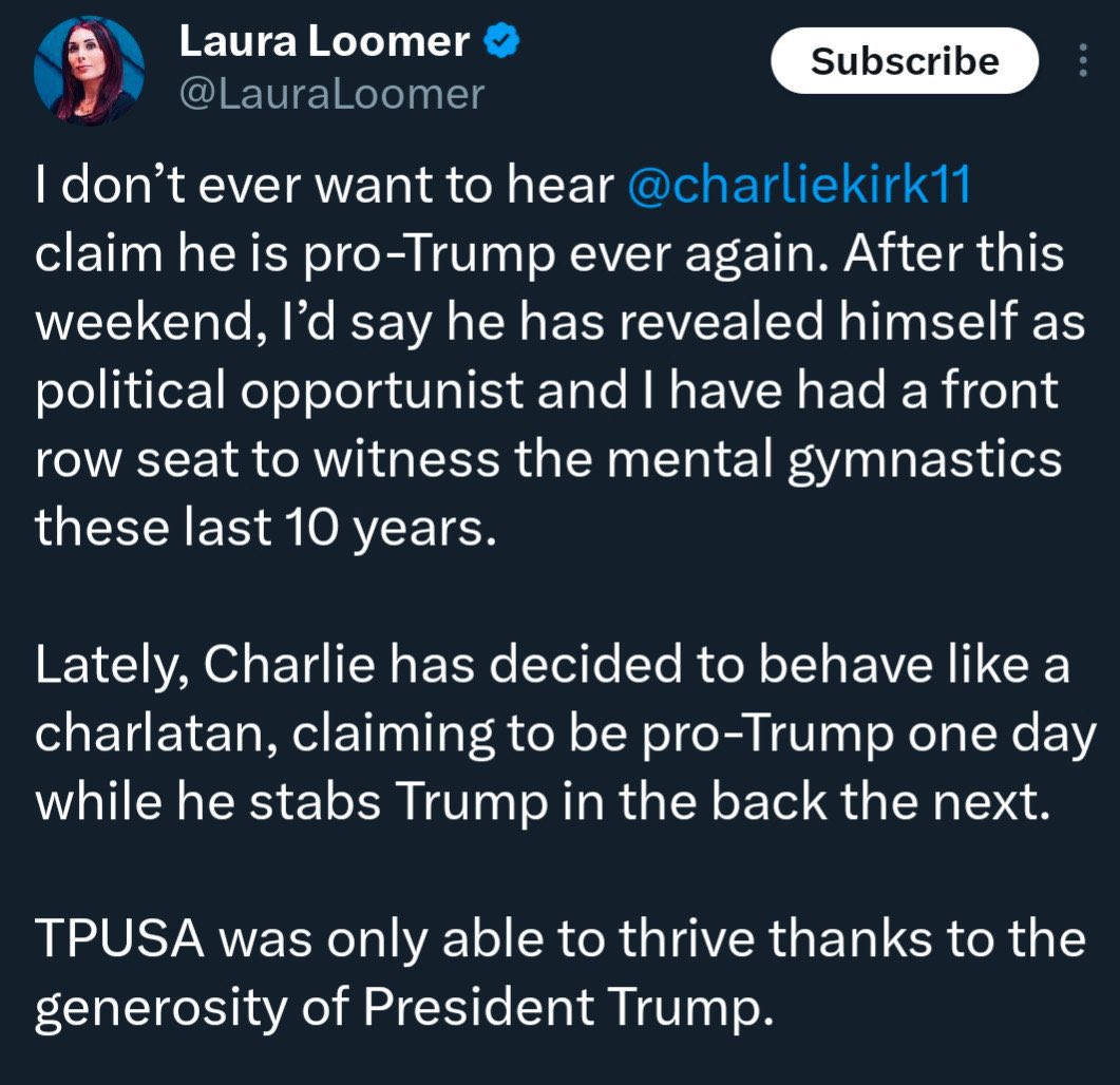 WeSee2024's tweet photo. @jemelehill The media needs to focus on this. She was Charlie Kirk’s loudest most vocal critic and attacked him for months. MAGA is pretending it didn’t happen as she blames “the left.” https://t.co/owVh2s9tzv