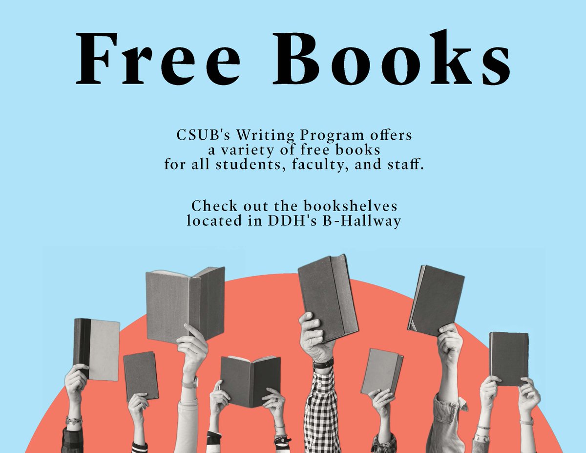 CSUBAH's tweet image. 📚✨ Free Books at CSUB! ✨📚

The CSUB Writing Program has free books for all students, faculty, and staff.

📍 Check out the bookshelves located in DDH’s 
B-Hallway and grab something new to read!

Take a book, enjoy it, and spread the word!

#AH #CSUB #kerncountysuniversity