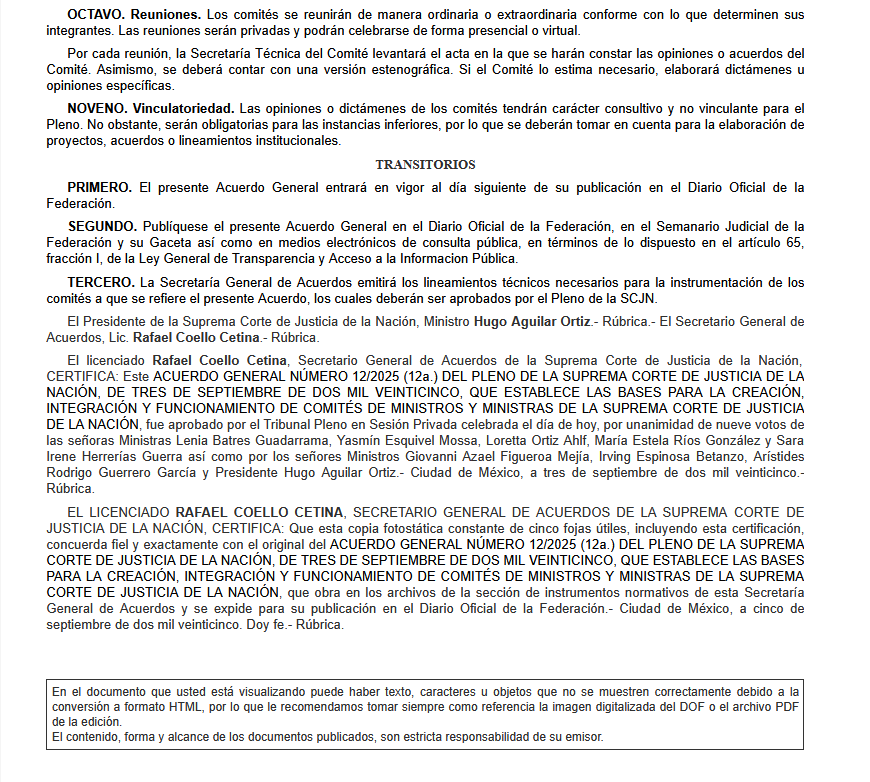 ANTE LA DESAPARICIÓN DE LAS SALAS, EN LA SCJN CREARÁN "COMITÉS" DE MINISTROS.

El día de hoy se publicó en el <a href="/DOF_SEGOB/">Diario Oficial DOF</a> el Acuerdo General 12/2025 (12a.) del Pleno de la Suprema Corte de Justicia de la Nación que establece las bases para la creación, integración y funcionamiento