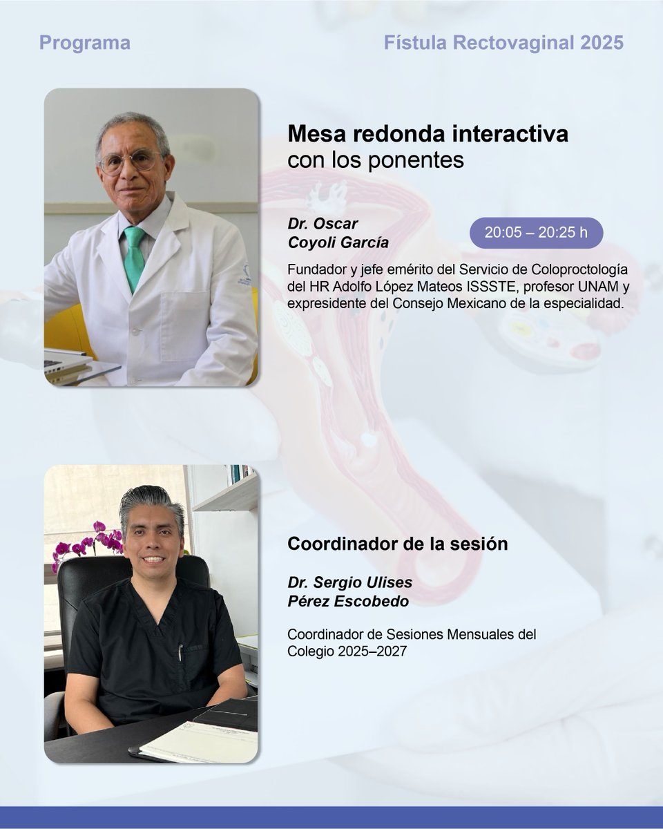 📣 Te invitamos a la Sesión Académica CMEC – Octubre 2025
🗓 Jueves 2 de octubre | ⏰ 19:00 hrs
Tema: Fístula rectovaginal: diagnóstico, recurrencia y maestría quirúrgica
📍 Modalidad híbrida | Sede: Schwabe Pharma