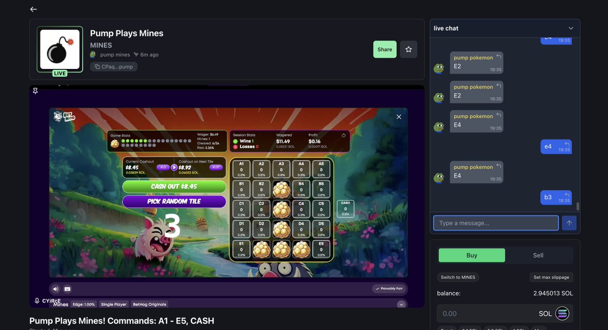 Someone just built something super cool on <a href="/pumpdotfun/">pump.fun</a>. It is a bot that allows you to play mines for real money in the live stream. Control it through comments. Bets 0.1% of market cap each turn. Link in the top comment.