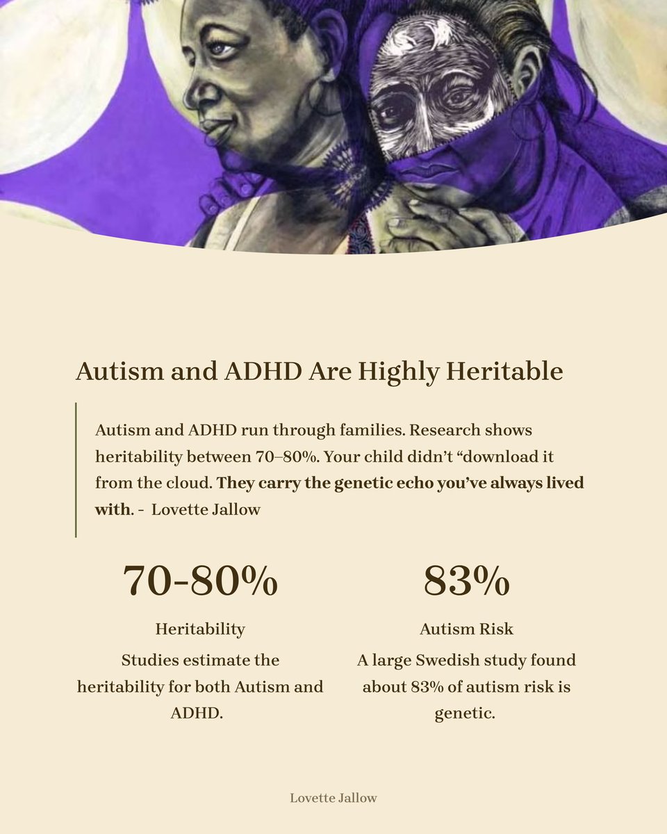 lovettejallow's tweet photo. 2/ Autism is ~83% heritable. ADHD ~74%. A child’s diagnosis often reads like the parent’s lost diary. The fidgets, the noise, the meltdowns all the traits they were told to bury.

#AutismDiagnosis #ADHDParenting #Neurodivergence #AutismAcceptance #IntergenerationalHealing #CureCulture