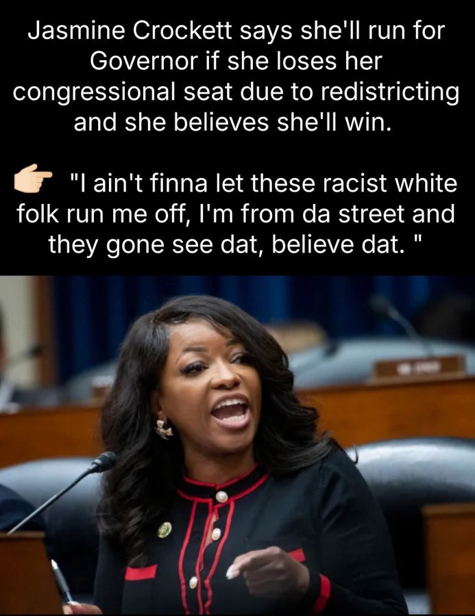 <a href="/JasmineForUS/">Jasmine Crockett</a> You are such an embarrassment! It’s really sad that you have no clue that people laugh at you. I don’t even think you realize how incredibly dumb and vile you come across. The math ain’t mathin’ for you!