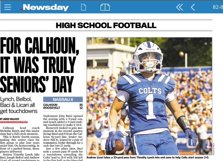 Big homecoming win 35-12💪 Thank you to <a href="/jared_valluzzi/">Jared Valluzzi</a> for the game coverage and write up

<a href="/HounFootball/">Calhoun Colts Football</a> <a href="/QBCoachGill/">Jonathan Gill</a> <a href="/LIBLITZ/">LI BLITZ</a> <a href="/LIBasketball23/">LI Sports Fanatic 🏈🏀⚾️</a> <a href="/CoachBehonick/">Anthony Behonick</a> <a href="/NCSA_Football/">NCSA_Football</a> <a href="/MRichardson2043/">Michael Richardson</a> <a href="/NewsdaySports/">Newsday Sports</a> <a href="/prospectnys/">Prospect NYS</a> <a href="/PrepRedzoneNY/">Prep Redzone New York</a> <a href="/VarsityMedia/">Varsity Media</a> <a href="/CoachSalvaa/">Coach_Salva</a> <a href="/PRZcory/">Cory Lemer</a> <a href="/CoachBZJ/">Bill Zwaan</a>