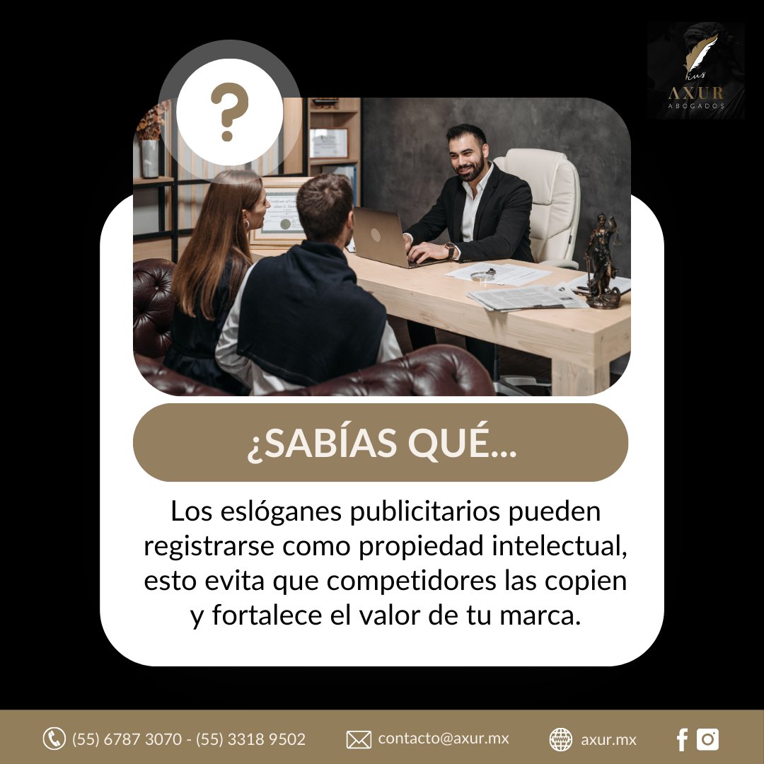 axurabogados's tweet image. 🔐 ¿Sabías que hasta los eslóganes publicitarios pueden registrarse como propiedad intelectual? 📢
Protege tus ideas antes de que alguien más las use.

En Axur Abogados te asesoramos. ✨

#DerechoIntelectual #MarcaRegistrada #CuriosidadLegal
