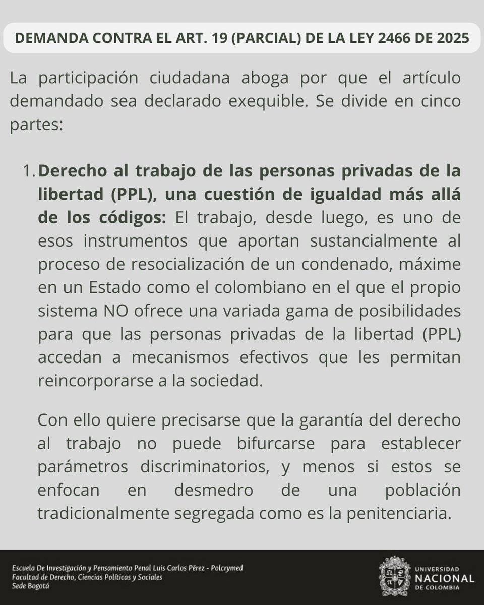 polcrymed's tweet photo. Compartimos los puntos clave del concepto y participación ciudadana Expediente: D-16736. Tema: Demanda contra el art. 19 (parcial) de la Ley 2466 de 2025. Elaborado por los investigadores del Observatorio de Jurisprudencia Penal @MCristanchoA @EstanisEscalant @fdcps_unal 1/3 https://t.co/1tNDi0cc6z
