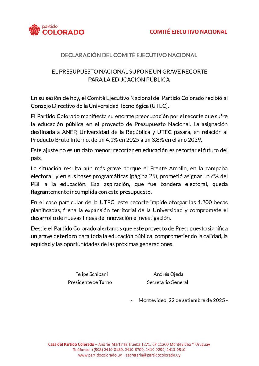 El Partido Colorado alerta: el Presupuesto Nacional reduce la inversión en educación pública de 4,1% del PBI en 2025 a 3,8% en 2029.
❌ Menos becas, menos expansión, menos futuro.
El FA prometió 6% y hoy incumple su bandera electoral.