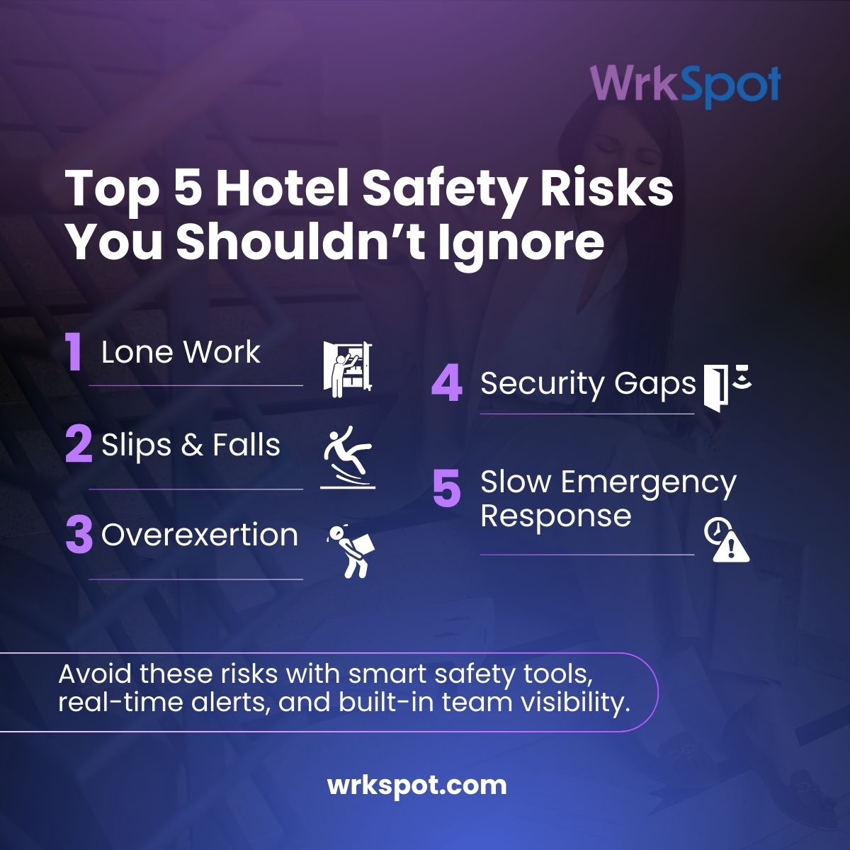 Are you overlooking these 5 hotel safety risks?

✅ The right tech can help you prevent them before they escalate.
#HotelSafety #WorkplaceSafety #HospitalityTech #WrkSpot #SafetyFirst