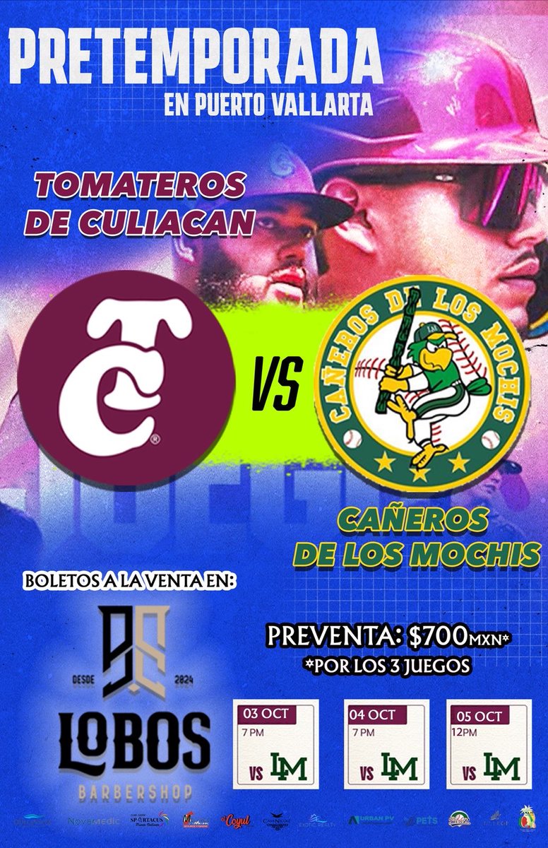 ¡No te pierdas la serie de pretemporada entre los Tomateros de Culiacán y los Cañeros de Los Mochis! 🔥

￼
📅 Fechas: 3, 4 y 5 de octubre

#Hoy #PuertoVallarta #beisbol #PreTemporada #tomaterosdeculiacan #cañerosdelosmochis