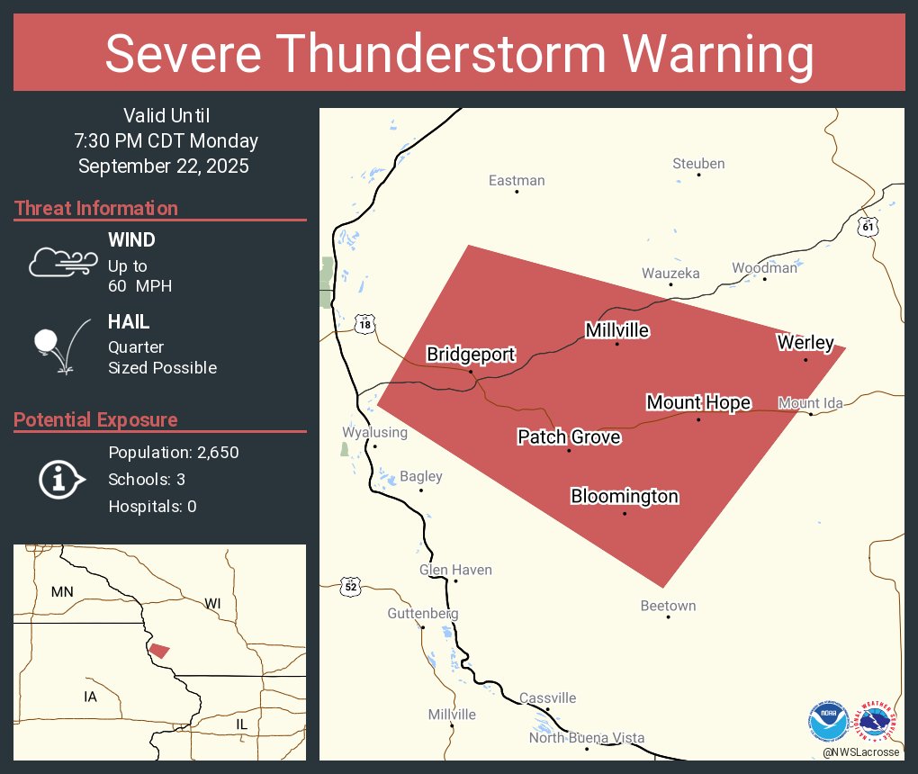 Severe Thunderstorm Warning including Bloomington WI, Mount Hope WI and  Patch Grove WI until 7:30 PM CDT