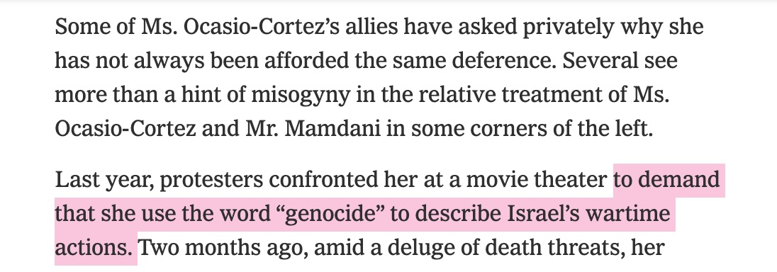 NathanJRobinson's tweet photo. personally I don't think it was misogyny for protesters to ask AOC to call the Gaza genocide a genocide https://t.co/85BoGCYe3x