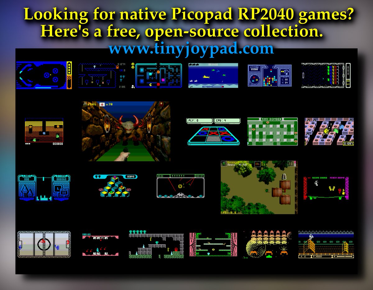 Electro_L_I_B's tweet image. Looking for native Picopad RP2040 games? Here's a free, open-source collection. tinyjoypad.com  #picolibsdk #voxchronis #carnageuprising #downland #nohzdyve #spaceinvaders #pacman #bomberman #hattrick #tetris #qbert #arkanoid #rp2350 @Electro_L_I_B #picoHSTX #raycasting