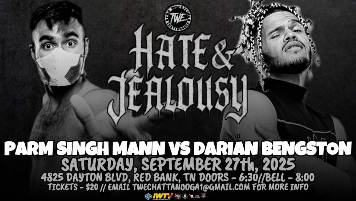 Saturday September 27th
TWE Presents "Hate &amp; Jealousy"

Match Announcement:
"The People's Prince" <a href="/DarianBengston/">Lord Bengston</a> makes his return to fight the debuting <a href="/BiBoyParm/">Parm Singh Mann</a>, all the way from Vancouver BC.

🎟 twechattanooga.square.site