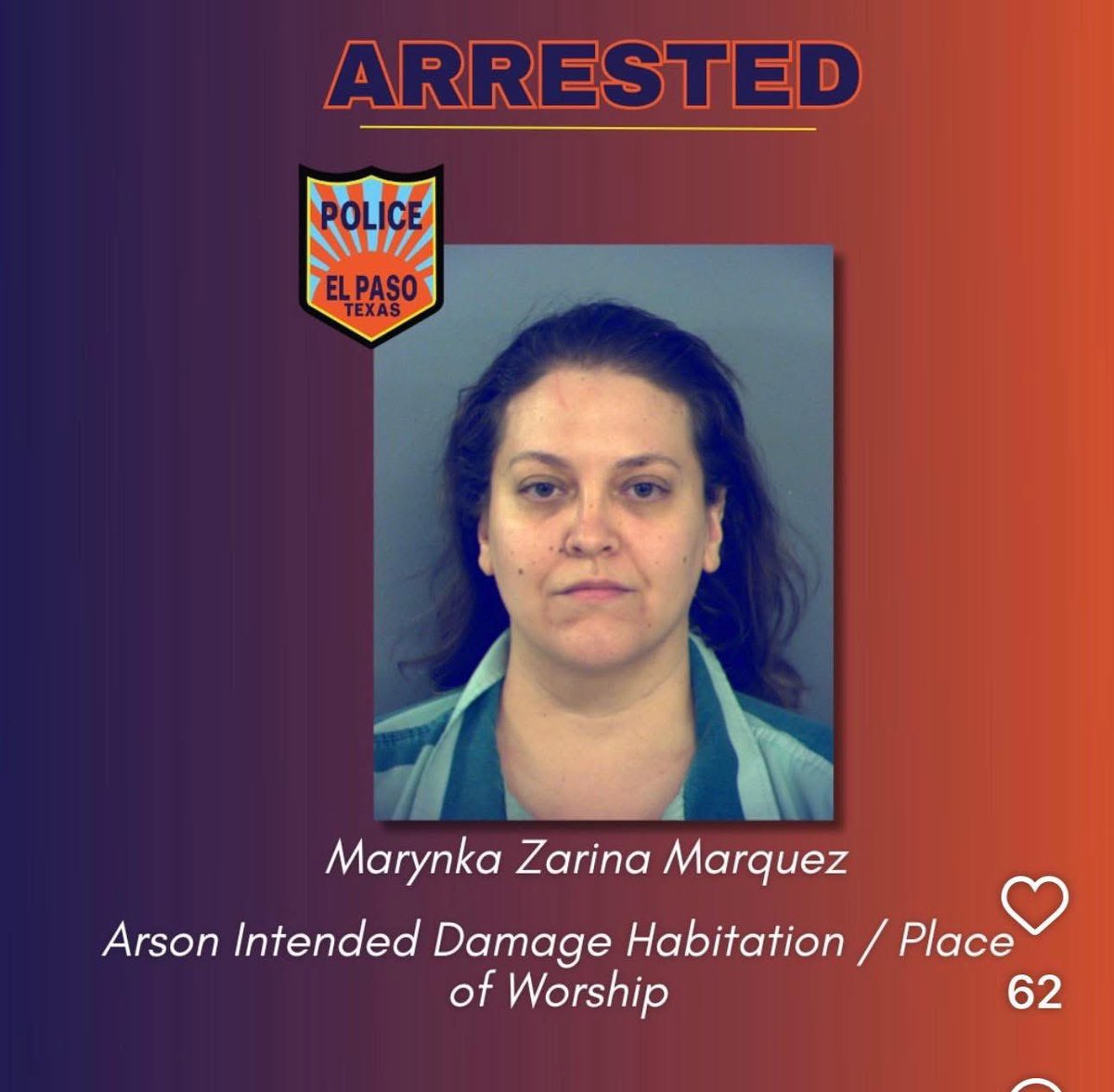 AnthonyAguero's tweet photo. A woman just got arrested in El Paso, Texas for trying to torch a Christian church-they were holding a prayer night after Charlie Kirk’s murder. Crazy stuff, shout out to the El Paso Police Department.. https://t.co/rvFTtCeFF8