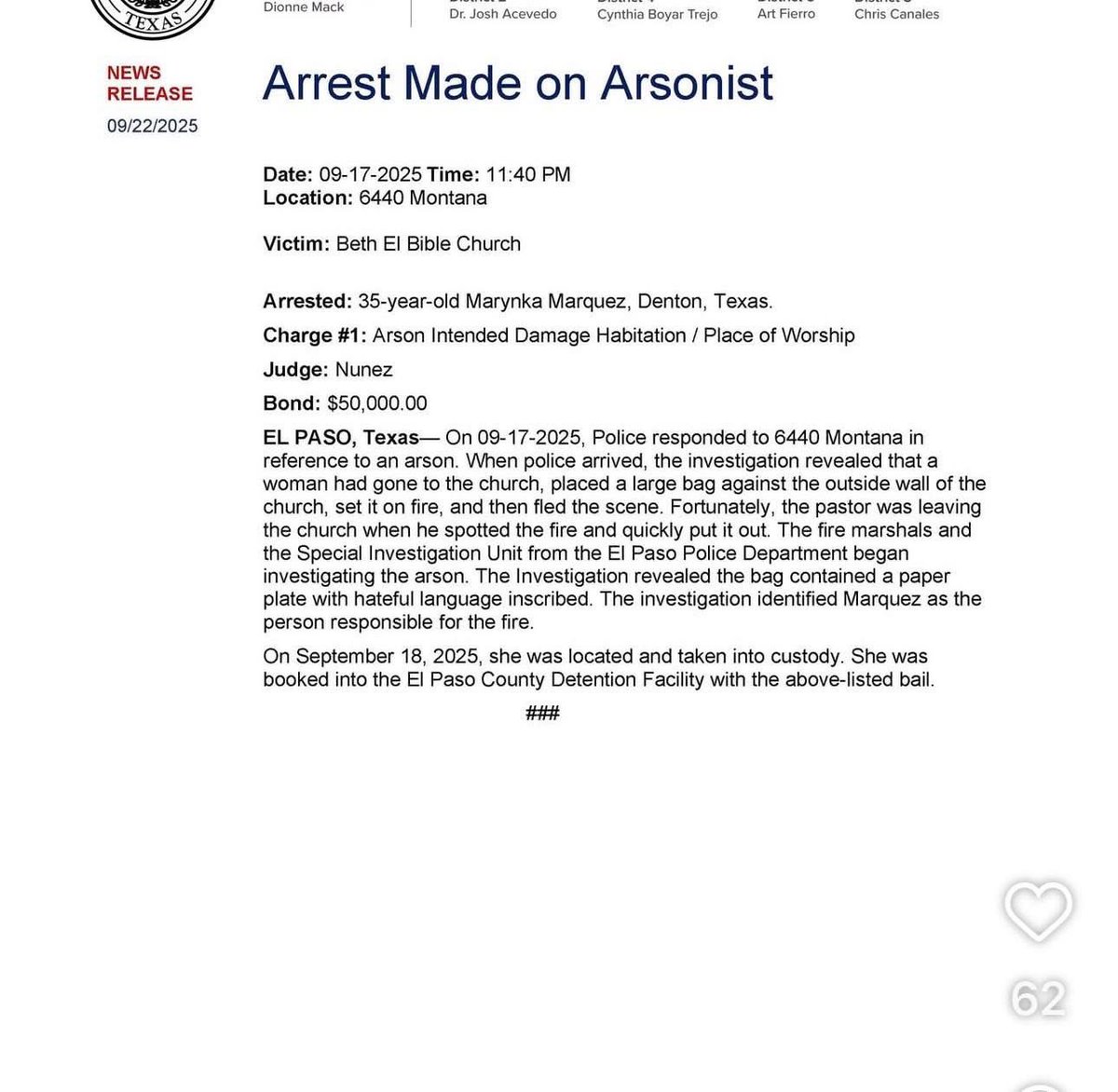 AnthonyAguero's tweet photo. A woman just got arrested in El Paso, Texas for trying to torch a Christian church-they were holding a prayer night after Charlie Kirk’s murder. Crazy stuff, shout out to the El Paso Police Department.. https://t.co/rvFTtCeFF8