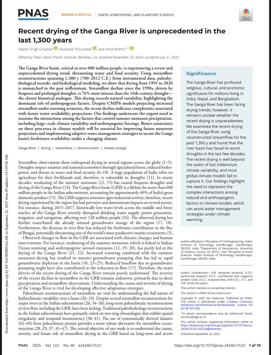I am thrilled to share that the PhD work of Dipesh Singh Chuphal <a href="/ChuphalDipesh/">Dipesh Singh Chuphal</a> has appeared in PNAS! We showed that the recent drying in Ganga River is unprecedented in the last 1300 years! 

pnas.org/doi/10.1073/pn…  <a href="/ANRFIndia/">Anusandhan National Research Foundation</a> <a href="/IndiaDST/">DSTIndia</a> <a href="/moesgoi/">MoES GoI</a> <a href="/iitgn/">IIT Gandhinagar</a> <a href="/holy_kau/">Kaushal</a>