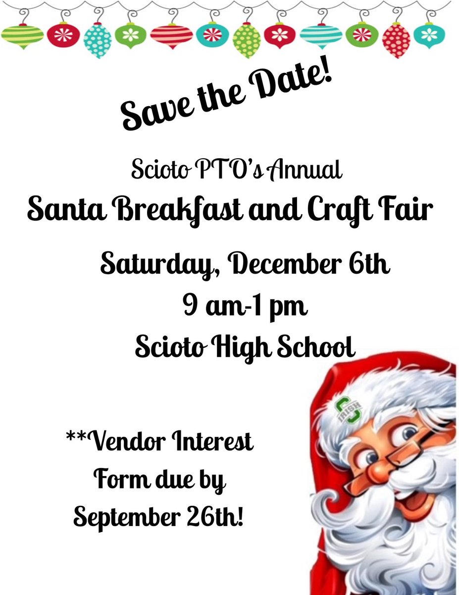 Submit those vendor Interest Forms THIS WEEK!

Dublin Scioto PTO is having our annual Santa Breakfast and Craft Fair! Our interest form is available! You can reach us at sciotosantabreakfast@gmail.com

docs.google.com/forms/d/ 11ybt4brbkAwBccJTcz41a4D8V-
b1KXbjUHPmTuCdt_o/edit