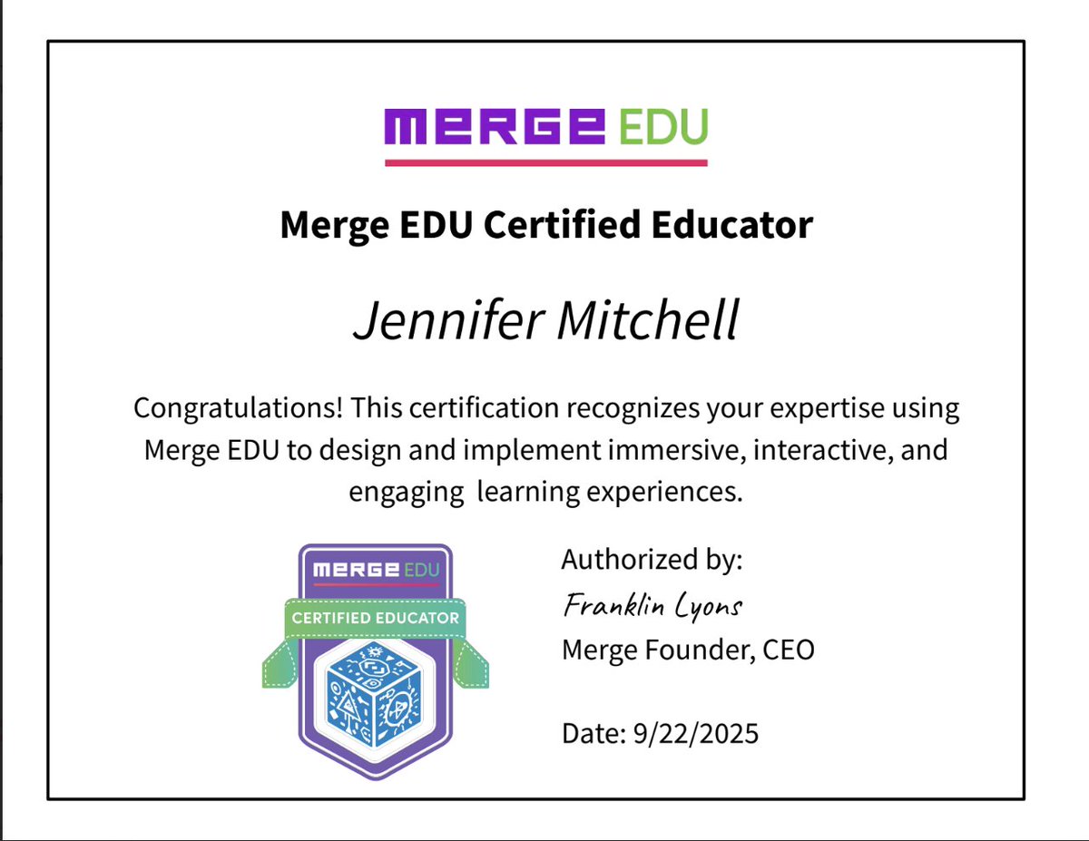 Jennifer Mitchell #EduGuardian #EdTech ✈️ #FETC (@kindermitch) on Twitter photo I am proud to say I am officially a
<a href="/mergeedu/">#MergeEDU</a> Certified Educator! <a href="/Steph_Lyons_/">Stephanie Lyons</a> <a href="/Alex_MergeEDU/">Alex McKee</a> <a href="/Tfromtheheart/">Stormy Cullum</a> <a href="/brandon/">Brandon Arvanaghi 🐱</a> I am proud to say I am officially a
<a href="/mergeedu/">#MergeEDU</a> Certified Educator! <a href="/Steph_Lyons_/">Stephanie Lyons</a> <a href="/Alex_MergeEDU/">Alex McKee</a> <a href="/Tfromtheheart/">Stormy Cullum</a> <a href="/brandon/">Brandon Arvanaghi 🐱</a>