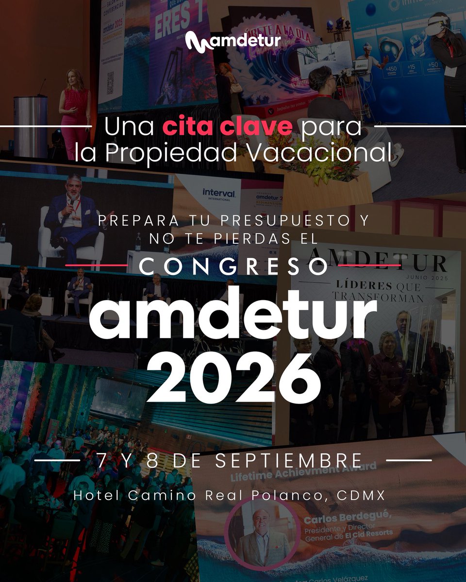 Es momento de planear tu participación en el Congreso AMDETUR 2026. ✨
Anticípate y asegura tu lugar en el encuentro clave de la Propiedad Vacacional en México.

📅 7-8 sept | 
📍 Hotel Camino Real Polanco, CDMX
Networking • Tendencias • Innovación

 #Turismo #Networking