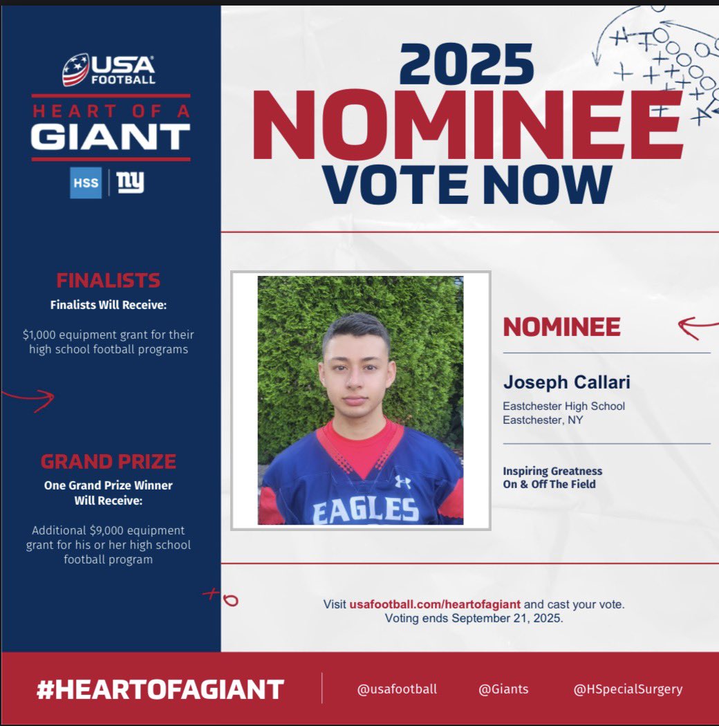 The Week 1 Winner, and now a finalist for the 2025 Heart of a Giant award, is: 
Our guy Joseph Callari! Congrats Joe and thank you to everyone that voted! #heartofagiant 

<a href="/Eagle___Nation/">EHS ATHLETICS</a> <a href="/KDJmedia1/">Kevin Devaney Jr.</a> <a href="/FaMSportsVF/">FaM Sports New York Varsity</a> <a href="/hoopsmbd/">Mike Dougherty</a> <a href="/HSFBamerica/">High School Football America</a> <a href="/USAFootball/">USA Football</a> <a href="/Giants/">New York Giants</a> <a href="/HSpecialSurgery/">Hospital for Special Surgery (HSS)</a>