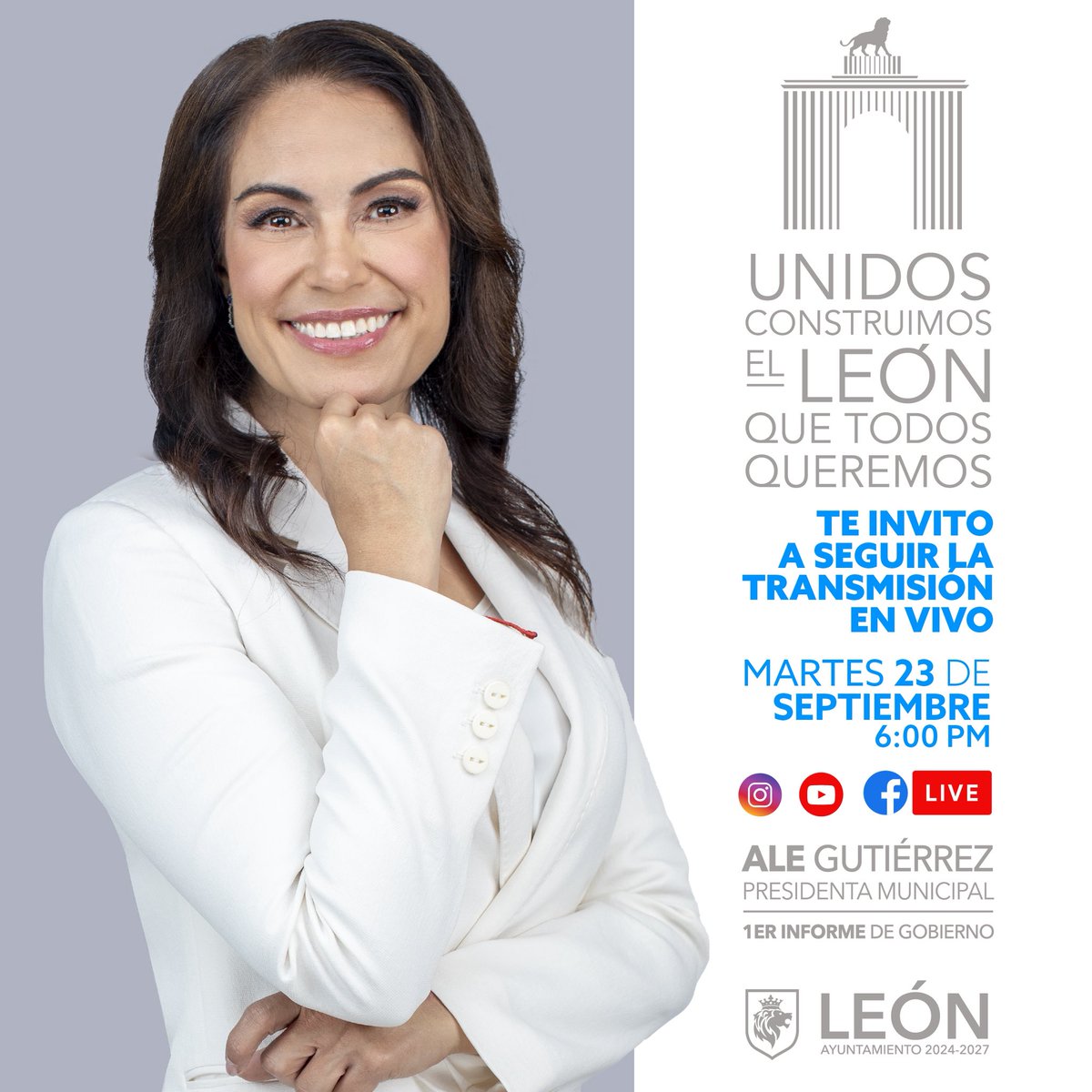 AleGutierrez_mx's tweet photo. ¡Amigos! 🙌

Están todos invitados a que se conecten a la transmisión en vivo del 1er Informe de esta administración. 📲✨

Hablaremos de cómo León Avanza con las decisiones de las y los leoneses, que son el verdadero motor de esta ciudad. 🫶🏼🦁

¡Los espero, familia! 🤗

#PorqueTúLoQuieres
#1erInformeAleGutiérrez