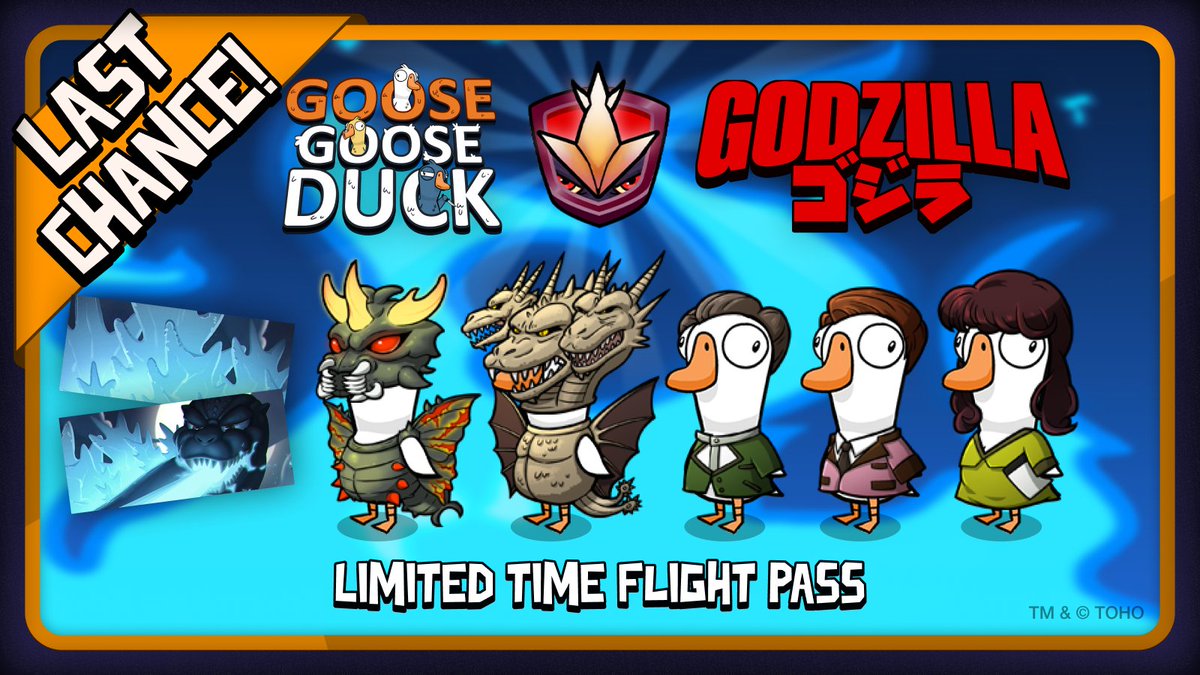 🚨 LAST CHANCE! 🚨
⏰ The Godzilla Forever Event ends in ONE WEEK!
Unlock the Premium Flight Pass to:
🛩️ Gain access to exclusive premium rewards!
♾️ Keep your pass forever with no expiration date!
👉 Grab it before it’s gone!
#Godzilla #GGD #GooseGooseDuck #FlightPass