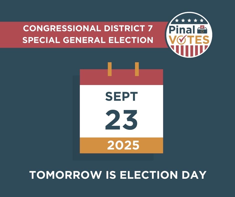 PinalVotes's tweet photo. The CD7 Special General Election is TOMORROW! 🗳️
Find your local polling place at https://t.co/CiFiZCcWx0. Polls are open from 6 A.M. to 7 P.M.
📮Still have your early ballot? Be sure to return it to any Pinal County polling place or drop box by 7:00 P.M. tomorrow.
#PinalVOTES https://t.co/Cb8rqUVmwI