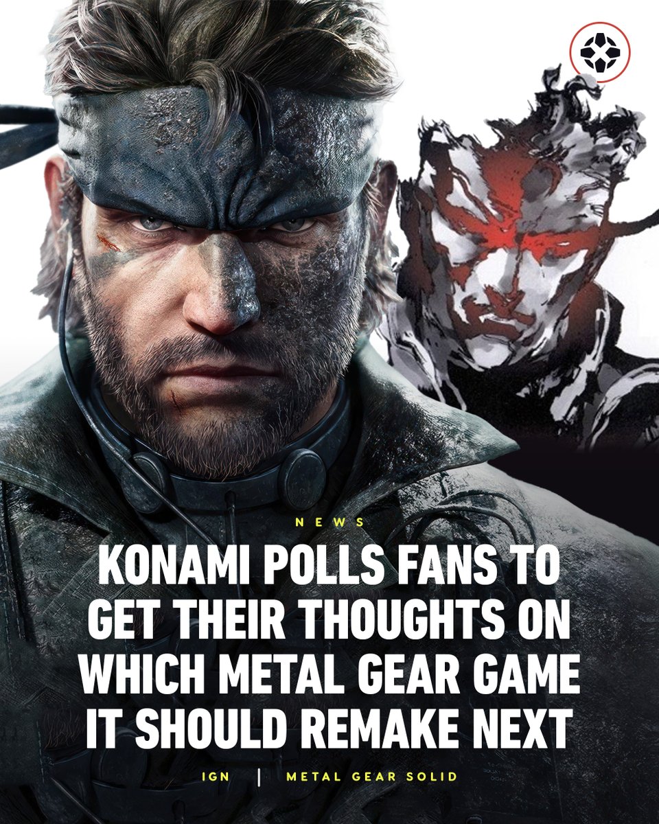 IGN's tweet image. It&apos;s been less than a month since Metal Gear Solid Delta: Snake Eater launched, but Konami is already asking fans which entry in the stealth action series they&apos;d like to see remade next. Sound off in the comments with your choice! bit.ly/42DAfLV