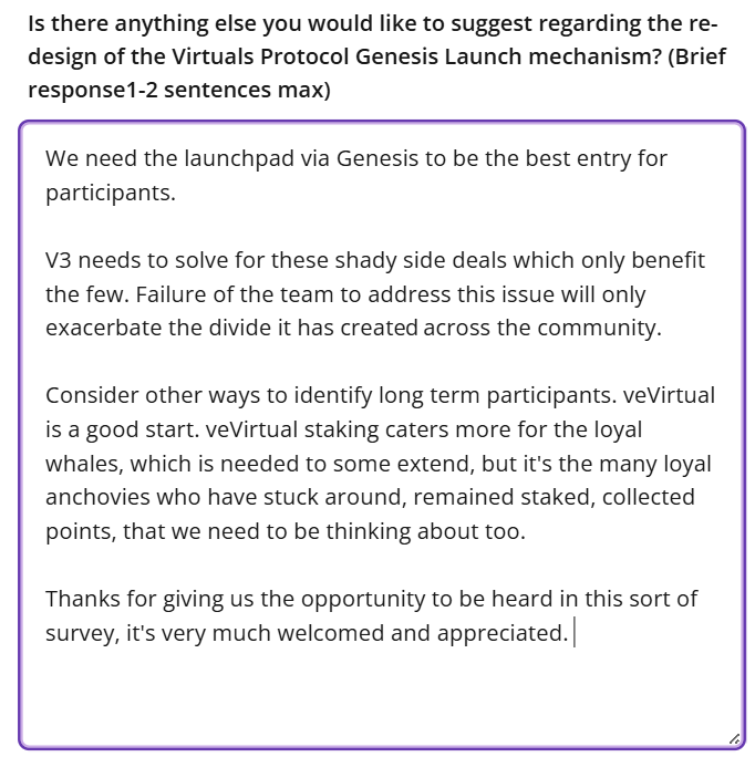 Just spotted the following when doing my daily <a href="/oracle_opz/">Oracle Of Preferences ZK (OOPZ)</a> survey via Virtuals ACP;

I'd urge you all to jump on Butler, ask for the OOPZ survey and fill this out. 

The final survey question provides room for comments. Take that as your chance to have your voice heard!

The more