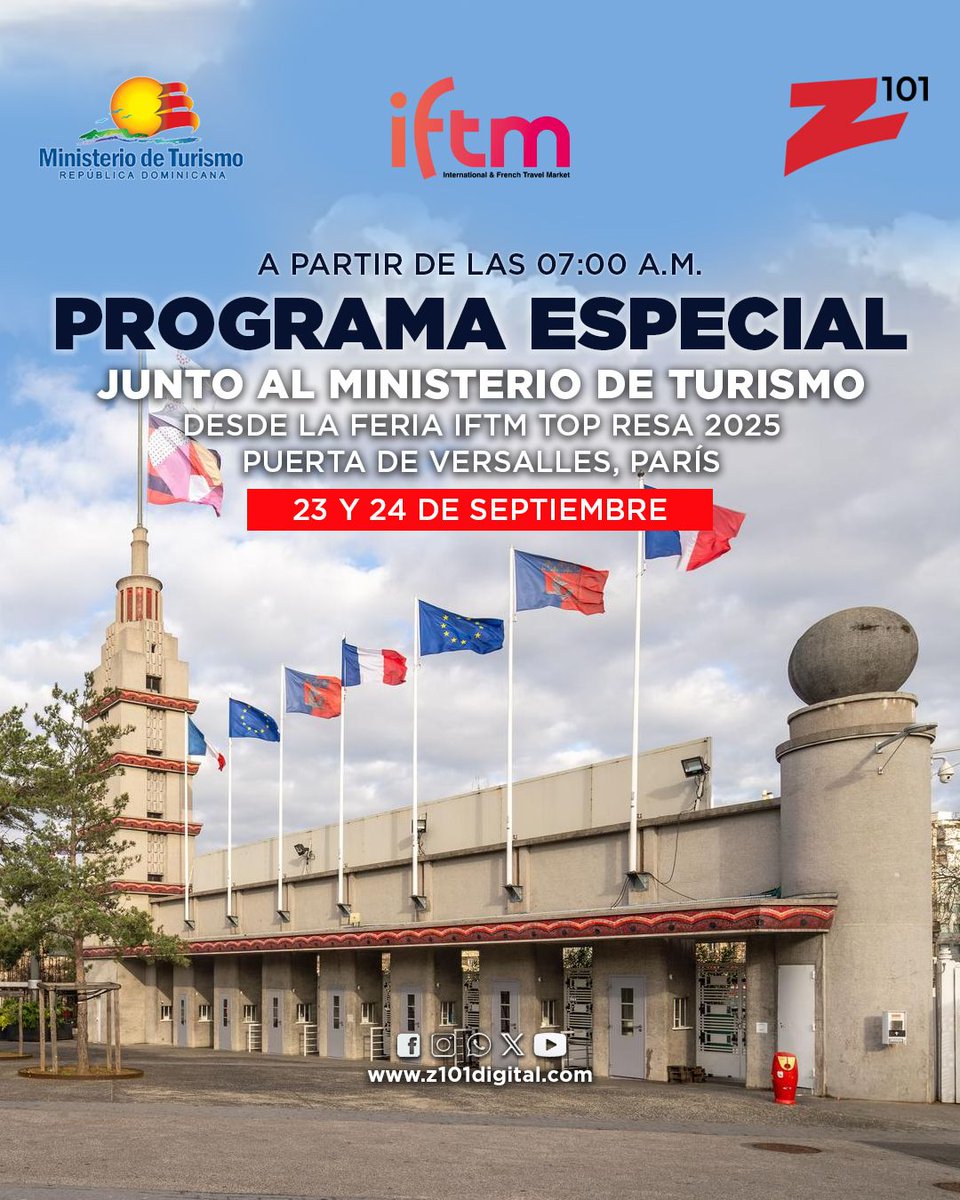 z101digital's tweet image. 🎙🇫🇷 ¡Buenas noches! Mañana tendremos un #ProgramaEspecial con #ElGobiernoDeLaMañana, una transmisión junto al Ministerio de Turismo desde Desde la Feria IFTM Top Resa 2025 en Puerta de Versalles, París.

A partir de las 7:00 a. m.

¡Mantén la sintonía!

#Z101 #ZDigital #ZTv…