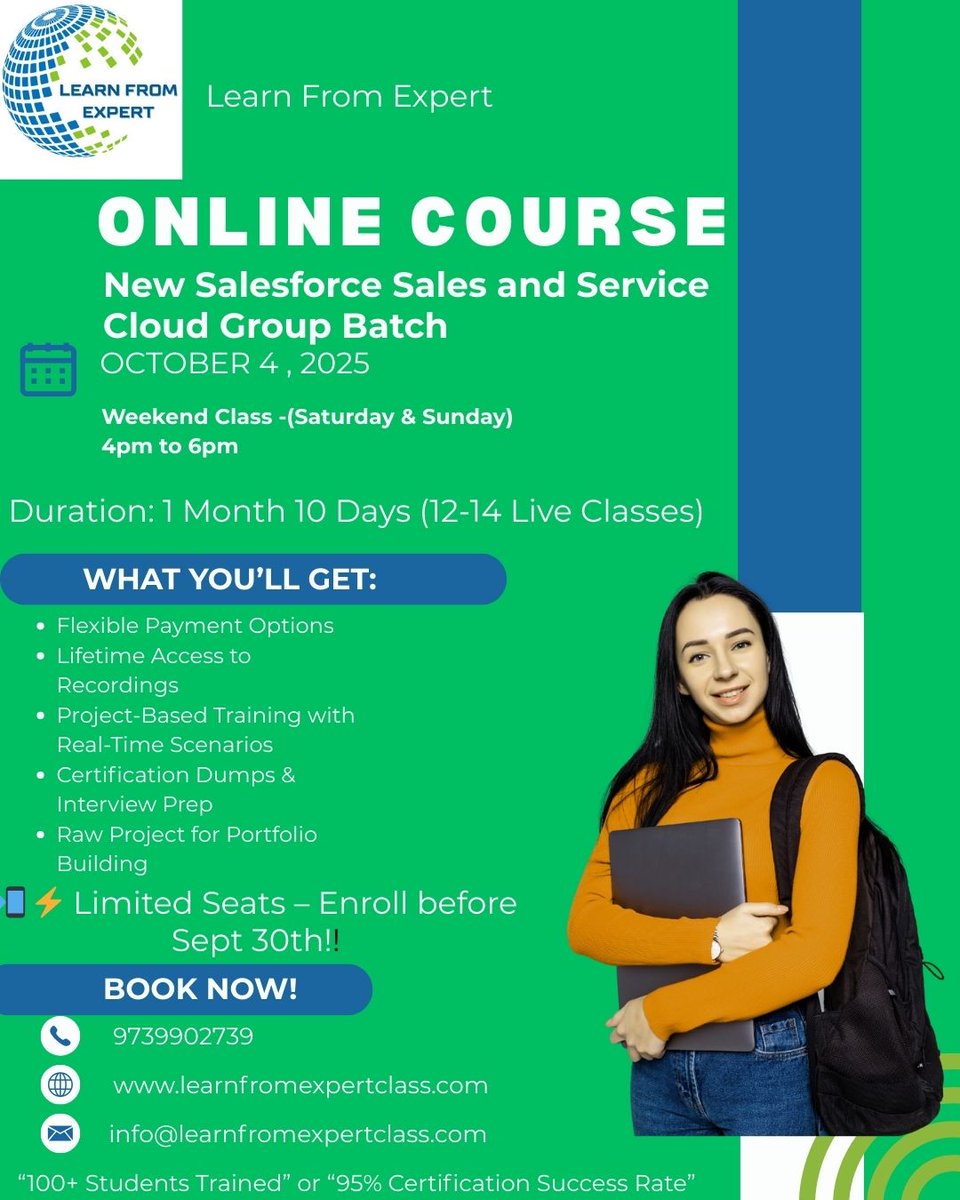 LearnFrmExperts's tweet image. Salesforce Sales and Service Cloud Group Batch
"Join our Salesforce Sales &amp;amp; Service Cloud course—weekend sessions for global learners starting Oct 4. Hands-on projects, lifetime recordings, certification dumps. Enroll by Sept 30!
#Salesforce #SalesCloud #ServiceCloud #CRM"