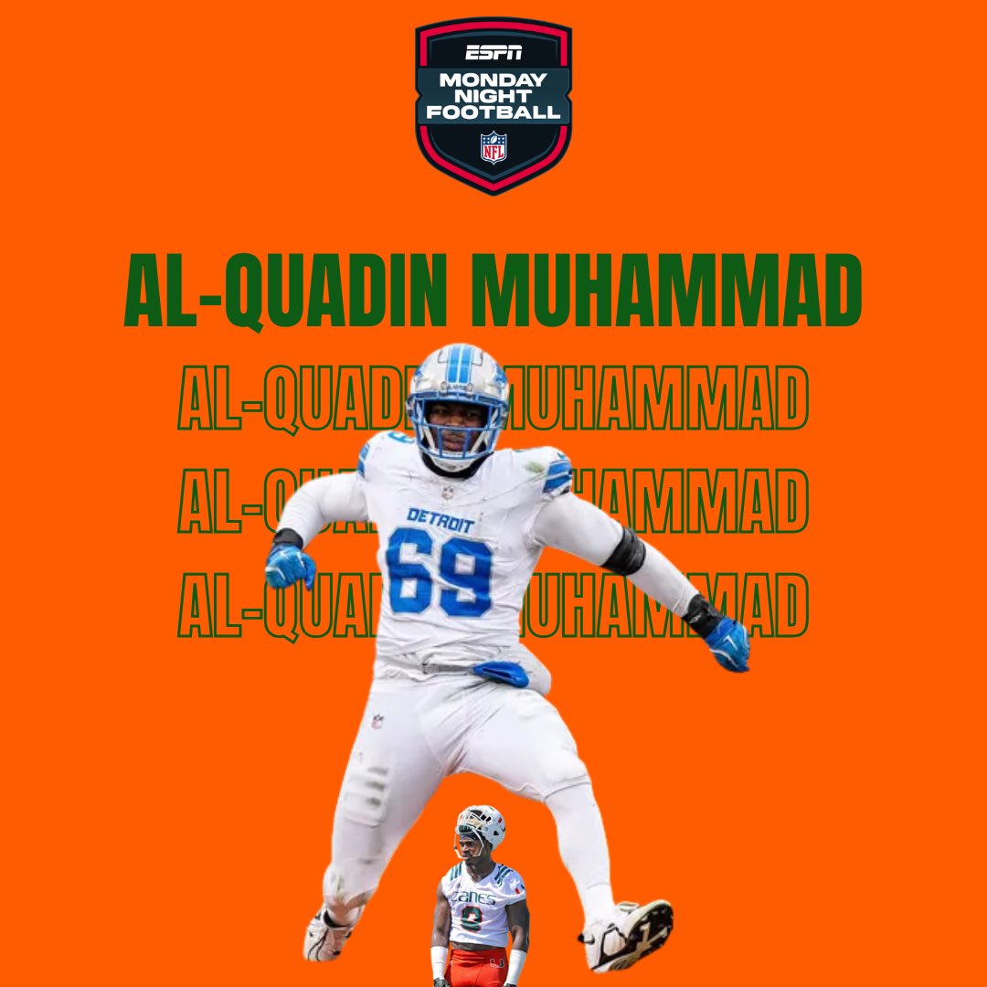 canes_muse's tweet image. The only #ProCane playing in Monday night football: 

#Lions: 

— Al-Quadin Muhammad

Let’s go Lions! 🦁