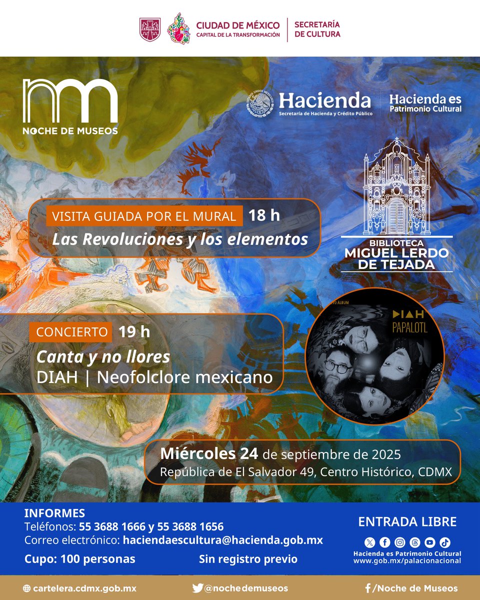 HaciendaCultura's tweet photo. #NochedeMuseos  🌙⛪  La #BibliotecaMiguelLerdoDeTejada te invita a la visita guiada y concierto ´´Canta y no llores´´ con DIAH 🎶, ensamble de música mexicana.

🗓️ Miércoles 24 de septiembre
📍 República de El Salvador 49, Centro Histórico
🎟️ Entrada libre | Cupo: 100 personas https://t.co/9Y7MLkqlVy