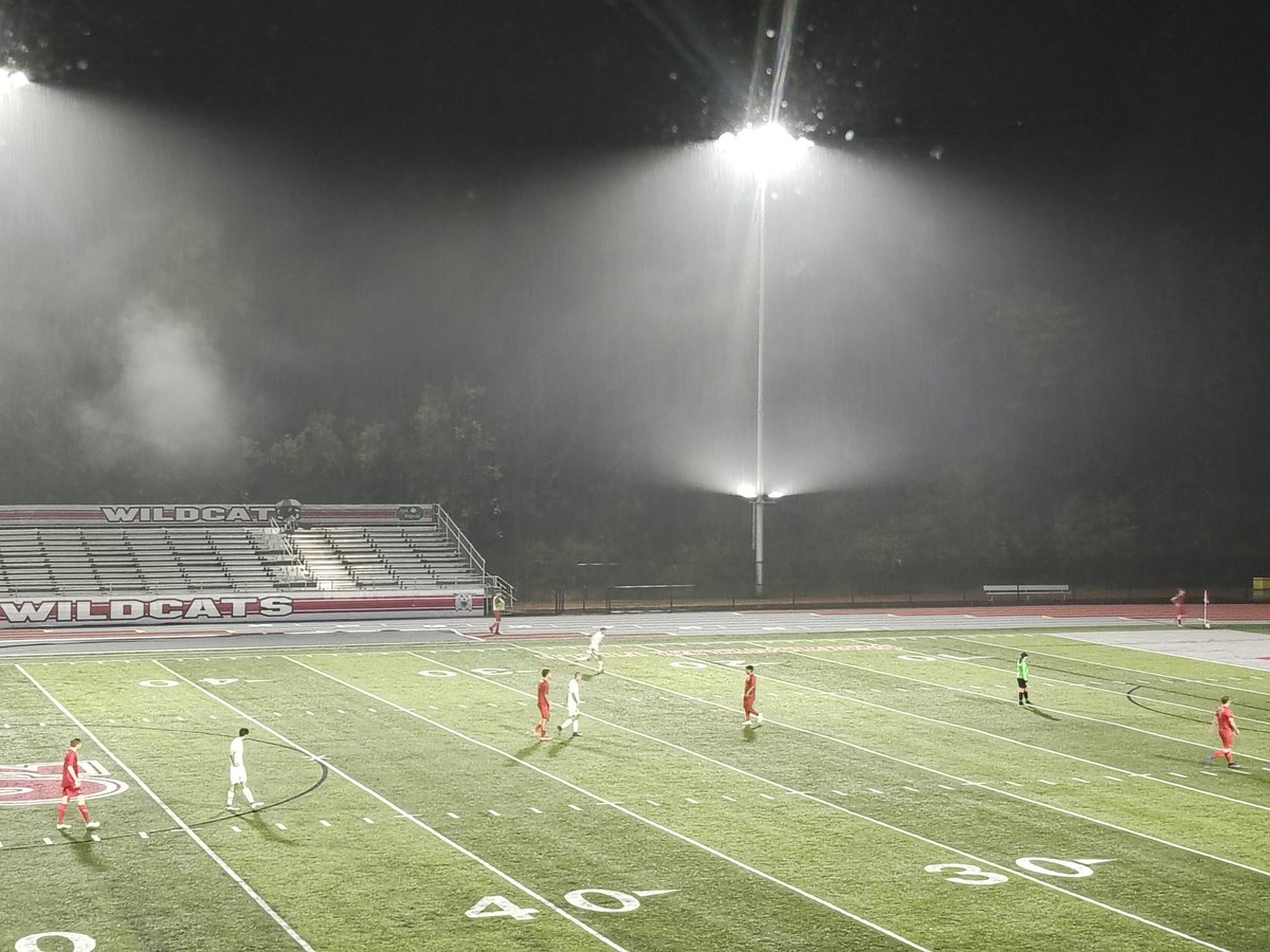 You can see the intensity of the rain in the lights here at Canton South. Wildcats lead Northwest 3-0 with 16:46 left