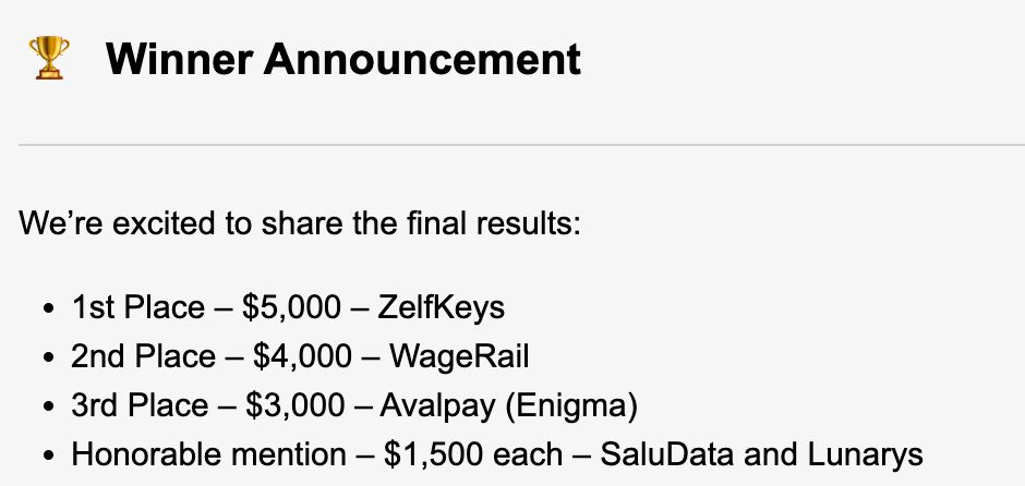 Huge thanks to the <a href="/Andyvargtz/">andrea🔺</a> <a href="/alejandro99so/">🔺lejandro 🇨🇴</a>  team for joining us throughout the amazing Hack2Build: Privacy Edition journey.
We’re proud to see several Colombian teams including ours (Avalpay (<a href="/Cyber_paisa/">Cyber Paisa🔺</a> <a href="/DaniLuqueTV/">Daniel Luque</a> )) among the top spots from a hackathon open to global